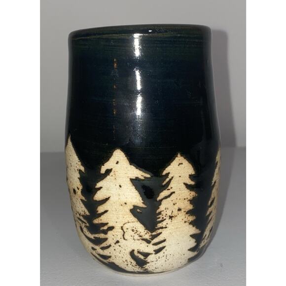 Studio Art Pottery Hand Thrown Glazed Vase/ Pen Holder Black With Trees - Picture 1 of 7